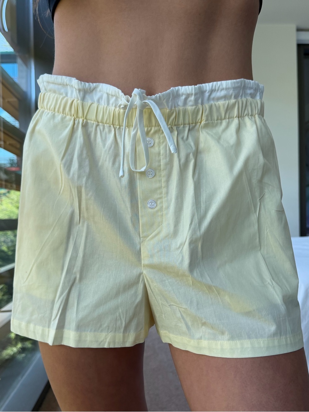 WAYF Butter Yellow and White Summer Tabitha Shorts